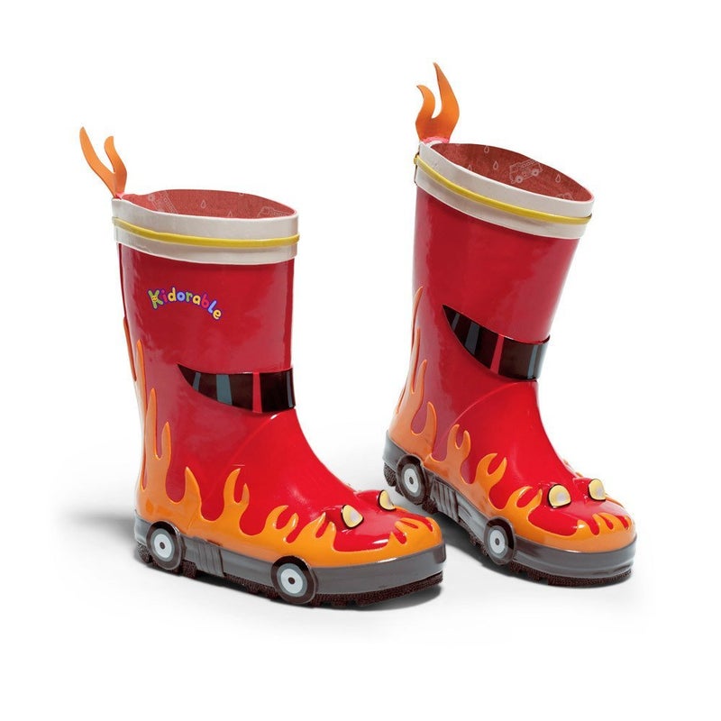 Kidorable Red Fireman Natural Rubber Rain Boots With Fun Flame Pull On Heel Tab (Toddler), 6 M US - Image 1